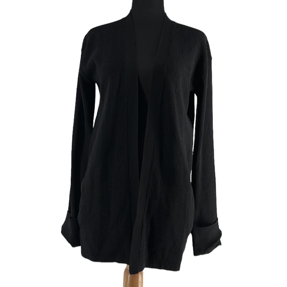 Theory cardigan stitch mix Chloe knit black waffle minimalist luxury sz 2